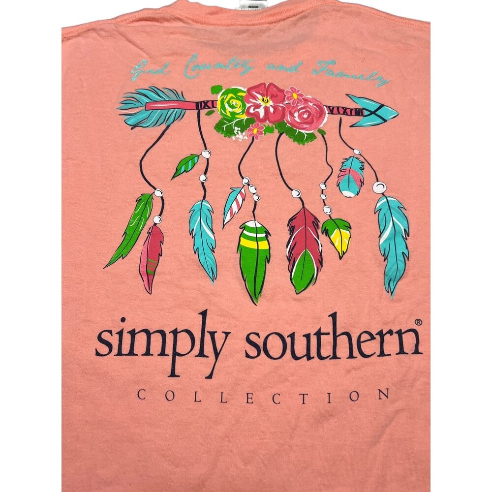 Simply Southern Long Sleeve Shirt God Country Family Arrow Feathers Pink Sz M